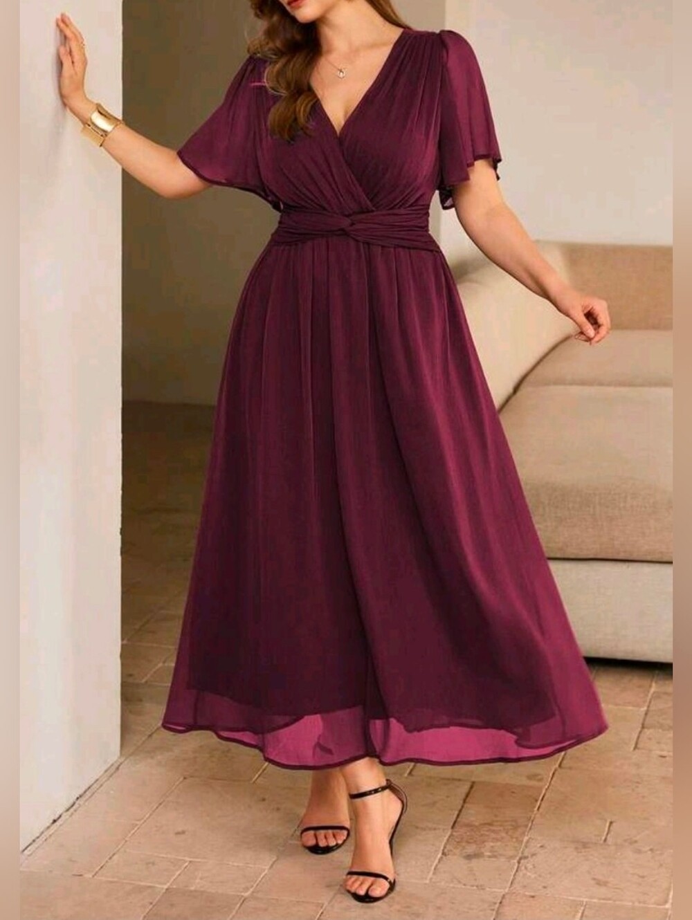 New Flowy Chiffon Wrap Twist Long Dress PLUS Flutter Short Sleeve Burgundy Red